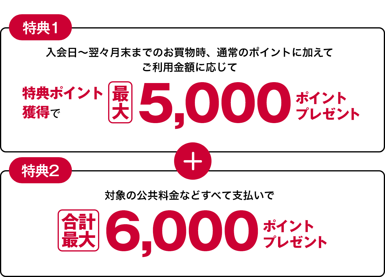 特典1 入会日~翌々月末までのお買物時、通常のポイントに加えてご利用金額に応じて特典ポイント獲得で最大5,000ポイントプレゼント＋特典2 対象の公共料金などすべて支払いで合計最大6,000ポイントプレゼント