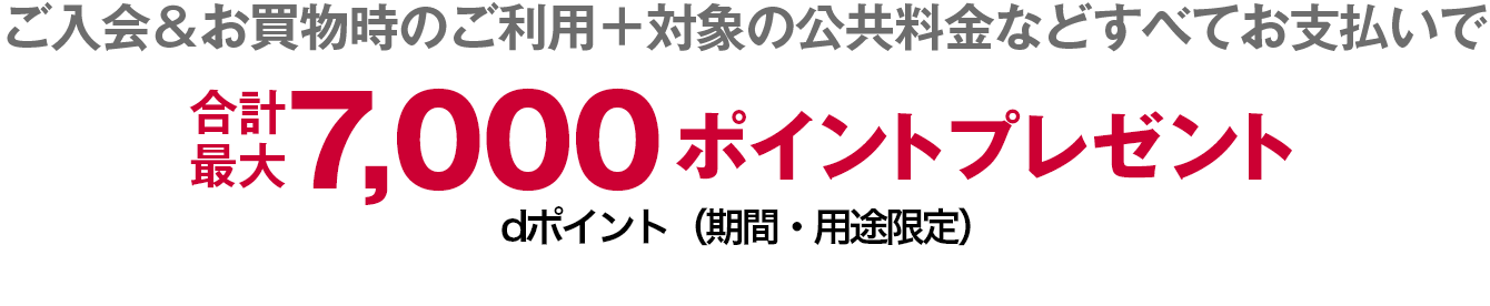 ご入会＆お買物時のご利用＋対象の公共料金などすべてお支払いで合計最大7,000ポイントプレゼント dポイント(期間・用途限定) 