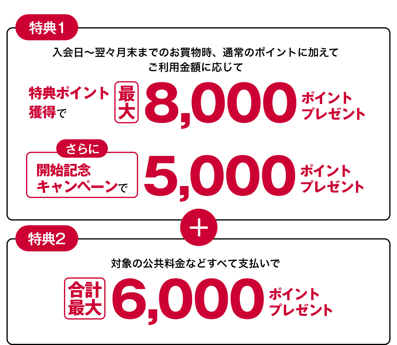 特典1 入会日~翌々月末までのお買物時、通常のポイントに加えてご利用金額に応じて特典ポイント獲得で最大8,000ポイントプレゼントさらに開始記念キャンペーンで5,000ポイントプレゼント＋特典2 対象の公共料金などすべて支払いで合計最大6,000ポイントプレゼント