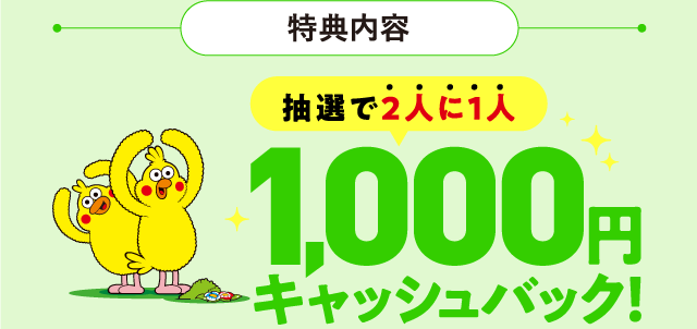 【特典内容】抽選で2人に1人1,000円キャッシュバック！