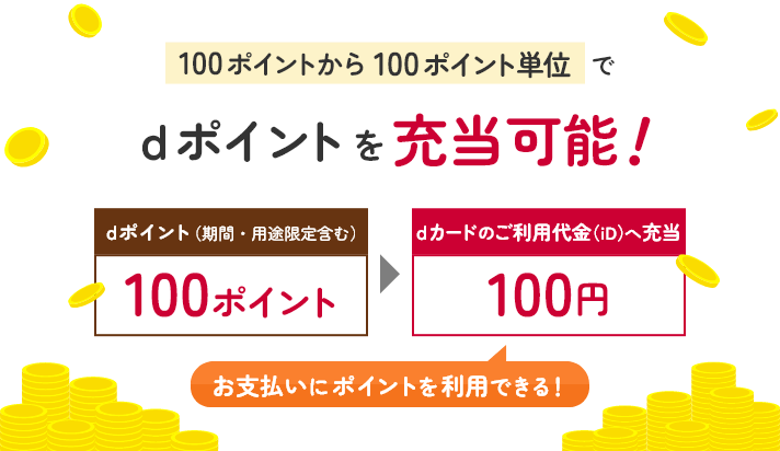 100ポイントから100ポイント単位でdポイントを充当可能！dポイント100ポイント→dカードのご利用代金（iD）へ充当100円　お支払いにポイントを利用できる！