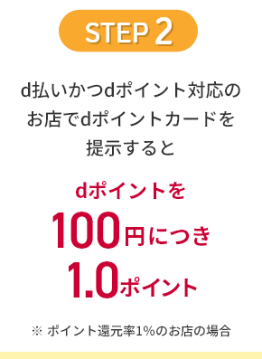 STEP2 d払いかつdポイント対応のお店でdポイントカードを掲示するとdポイントを100円につき1.0ポイント※ポイント還元率1％のお店の場合