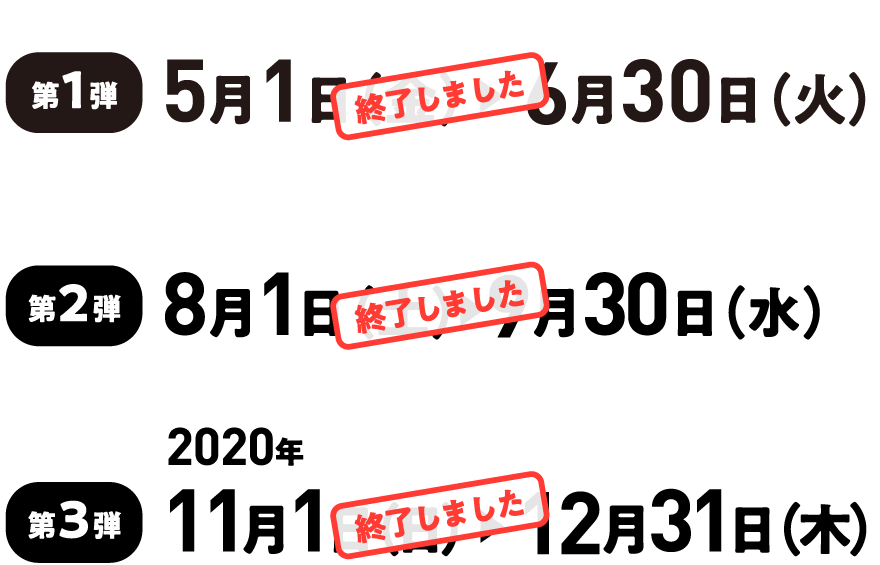 第1弾[終了しました]：5月1日(金)～6月30日(火)／第2弾[終了しました]：8月1日（土）～9月30日（水）／第3弾[終了しました]：2020年11月1日（日）～12月31日（木）
