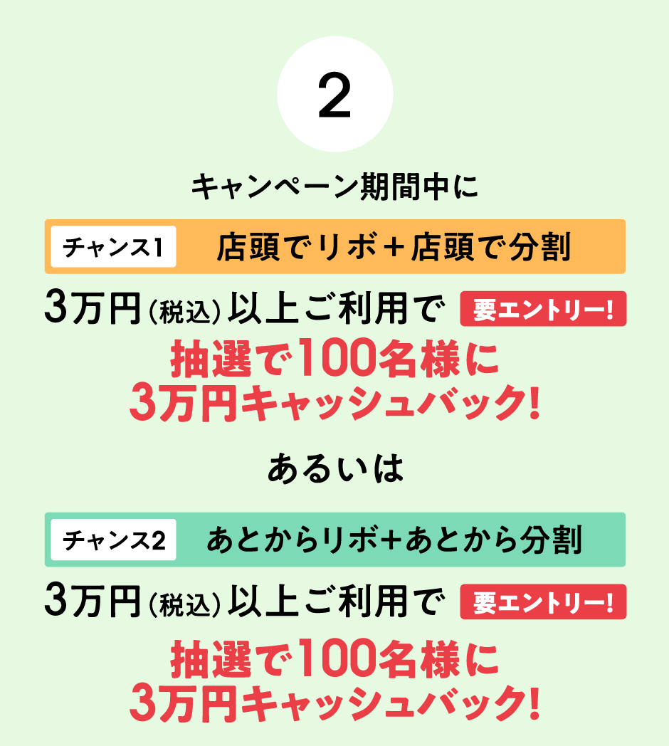 (2)キャンペーン期間中にリボ・分割を設定、3万円（税込）以上ご利用で抽選で100名様に3万円キャッシュバック！