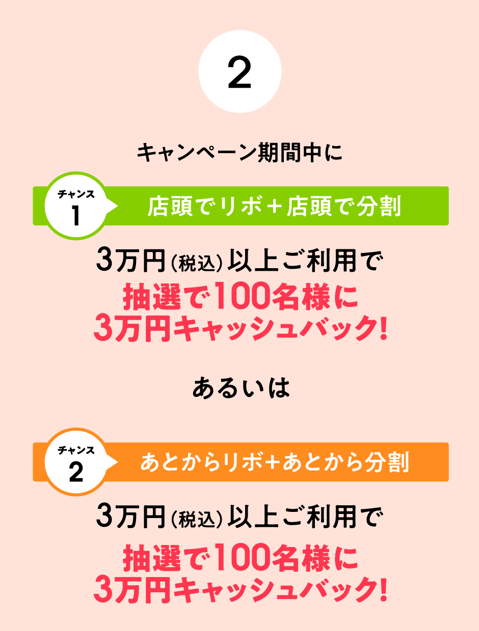 (2)キャンペーン期間中にリボ・分割を設定、3万円（税込）以上ご利用で抽選で100名様に3万円キャッシュバック！