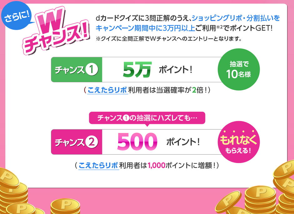 さらに！Wチャンス！dカードクイズに3問正解の上、ショッピングリボ・分割払いをキャンペーン期間中に3万円以上ご利用※2でポイントGET！
    ※クイズに全問正解でWチャンスへのエントリーとなります。チャンス❶抽選で10名様5万ポイント！（「こえたらリボ」利用者は当選確率が2倍！）チャンス❶の抽選にハズレても…チャンス❷もれなくもらえる！500ポイント（「こえたらリボ」利用者は1,000ポイントに増額！）