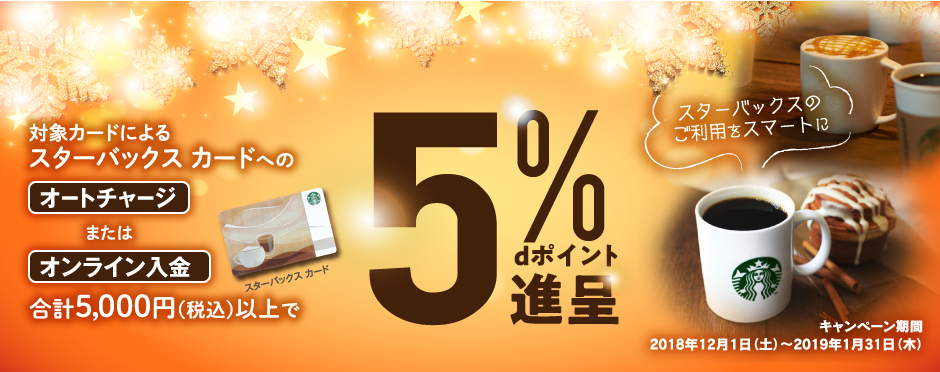 対象カードによるスターバックス カードへのオートチャージまたはオンライン入金合計5,000円（税込）以上で5%ｄポイント進呈