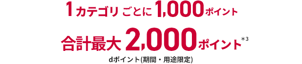 1カテゴリごとに1,000ポイント 合計最大2,000ポイント ＊3 dポイント（期間・用途限定）