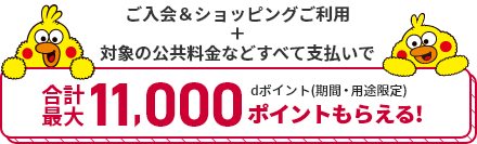 ご入会＆ショッピングご利用＋対象の公共料金などすべて支払いで 合計最大11,000ポイントもらえる! dポイント(期間・用途限定)