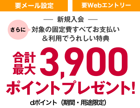 要メール設定 要Webエントリー 新規入会 さらに 対象の固定費すべてお支払い＆利用でうれしい特典 合計最大3,900ポイントプレゼント！dポイント（期間・用途限定）