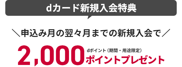 dカード新規入会特典 申込み月の翌々月までの新規入会で2,000ポイントプレゼント dポイント（期間・用途限定）