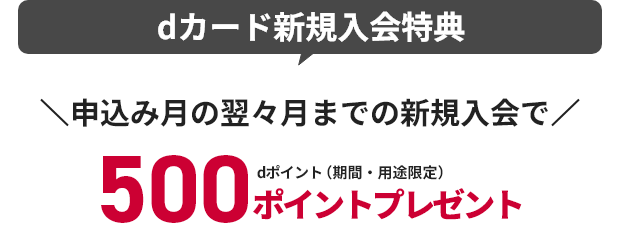 dカード新規入会特典 申込み月の翌々月までの新規入会で500ポイントプレゼント dポイント（期間・用途限定）