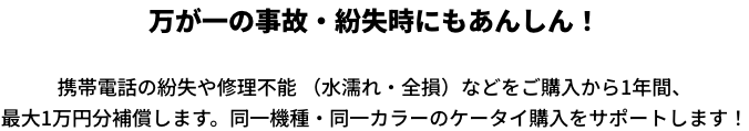 万が一の事故・紛失時にもあんしん！ 携帯電話の紛失や修理不能 （水濡れ・全損）などをご購入から1年間、最大1万円分補償します。同一機種・同一カラーのケータイ購入をサポートします！