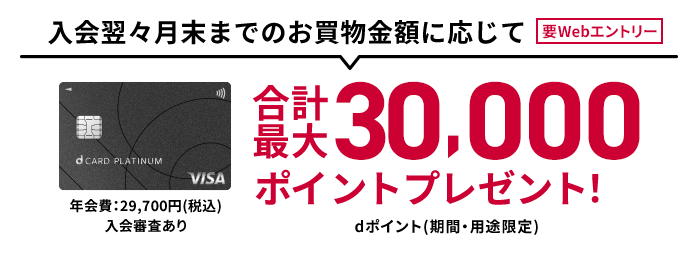 要Webエントリー 入会翌々月末までのお買物金額に応じて合計最大30,000ポイントプレゼント！dポイント（期間・用途限定）年会費：29,700円（税込）入会審査あり