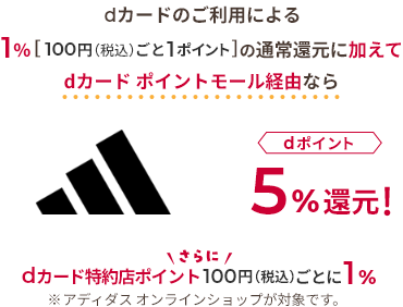 dカードのご利用による1％[100円（税込）ごと1ポイント]の通常還元に加えて dカード ポイントモール経由なら adidas dポイント5％還元！ さらにdカード特約店ポイントで100円（税込）ごとに1％ ※アディダスオンラインショップが対象です。
