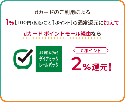 dカードのご利用による1％[100円（税込）ごと1ポイント]の通常還元に加えて dカード ポイントモール経由なら JR東日本びゅう ダイナミックレールパック dポイント2％還元！